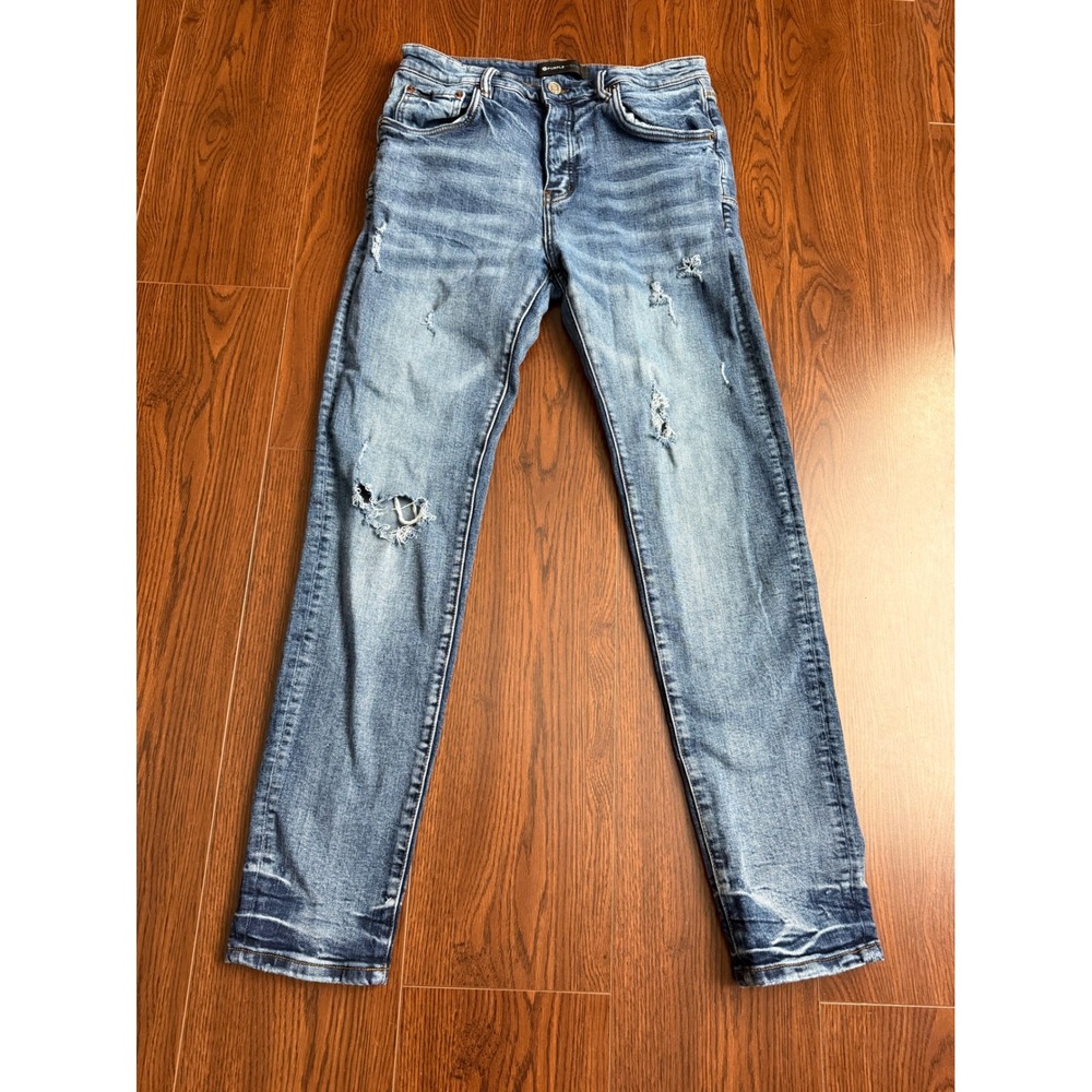 Purple Brand P001 Slim Fit Low Rise Distressed Jeans Light Indigo Size 34